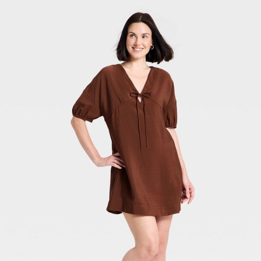 Women's Tie-Front Mini Dress - A New Day Brown S